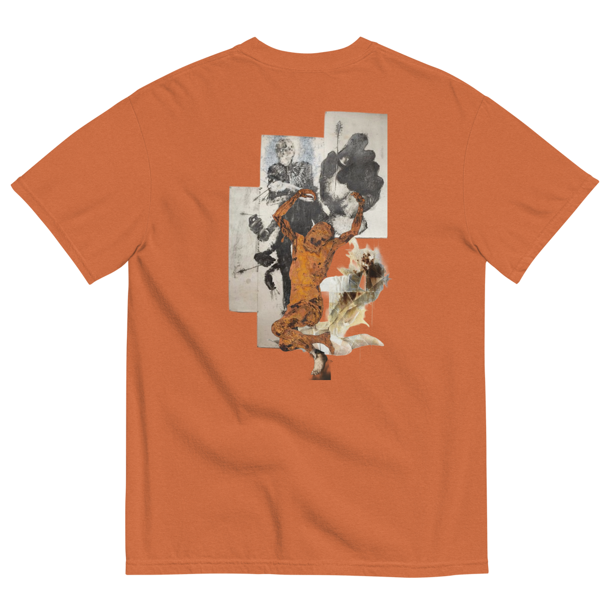 An orange crewneck t-shirt shown from the back, featuring a large abstract collage graphic in black, white, and orange tones printed on the center back.