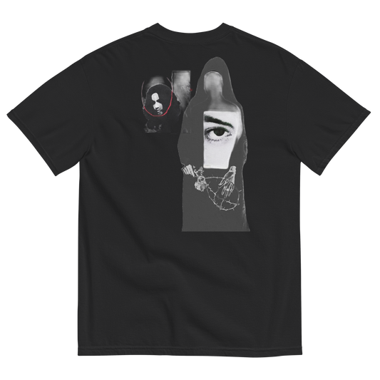 Black t-shirt with abstract design of ladies with misplaced faces and black and white elements