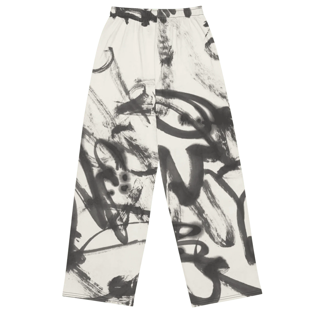 Trousers with black abstract brushstroke pattern on a white background