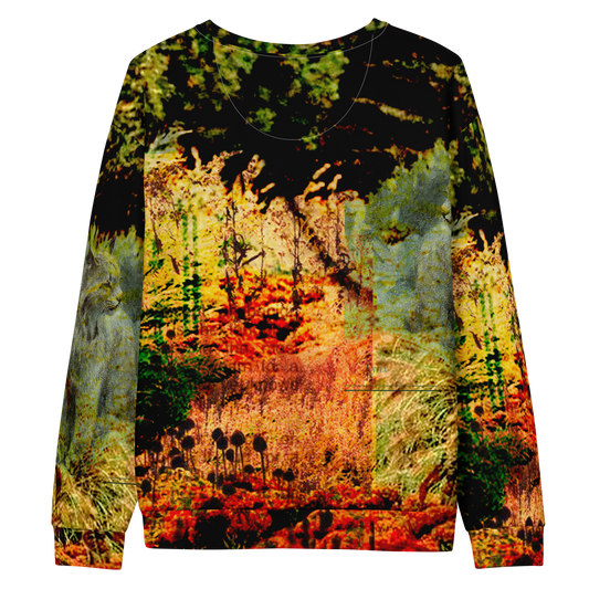 A crewneck sweatshirt featuring an all-over abstract landscape print with green trees, orange and yellow foliage, and dark shadowy areas, shown against a plain white background.
