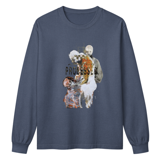 A long-sleeve crewneck t-shirt in slate blue, featuring a central graphic print of a glitched figure with the word 'PROCESSED' written across it.
