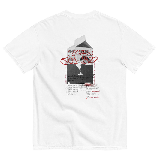 White short-sleeve t-shirt showing the back side with a graphic print of a milk carton containing a black-and-white portrait, overlaid with red graffiti-style text reading 'STANLEY 1972' and small red handwritten text below.