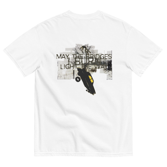 A white short-sleeve crewneck t-shirt shown from the back, featuring a large graphic print with the text 'MAY, THE BRIDGES LIGHT THE WAY' and a black car illustration over a distressed gray background.