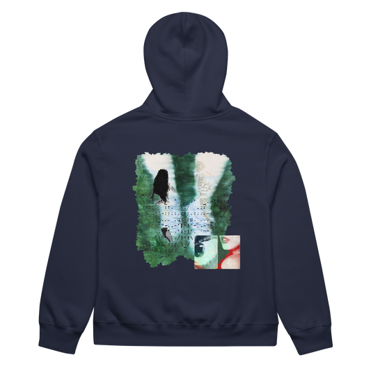 Navy blue hoodie with a colorful graphic on the back against a white background