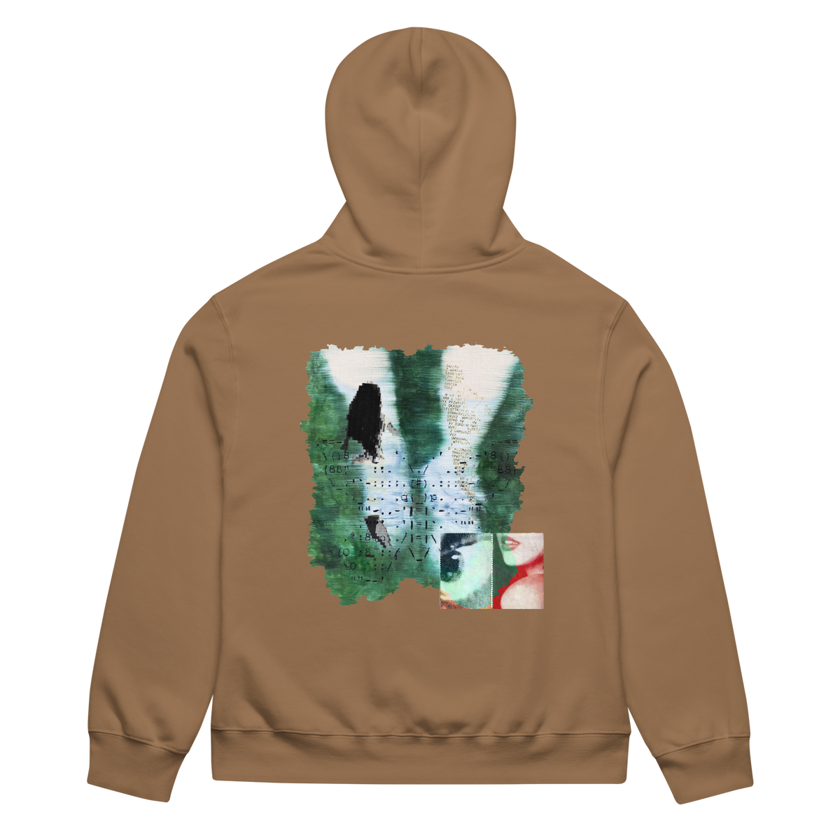 Brown hoodie with a colorful graphic on the back against a white background