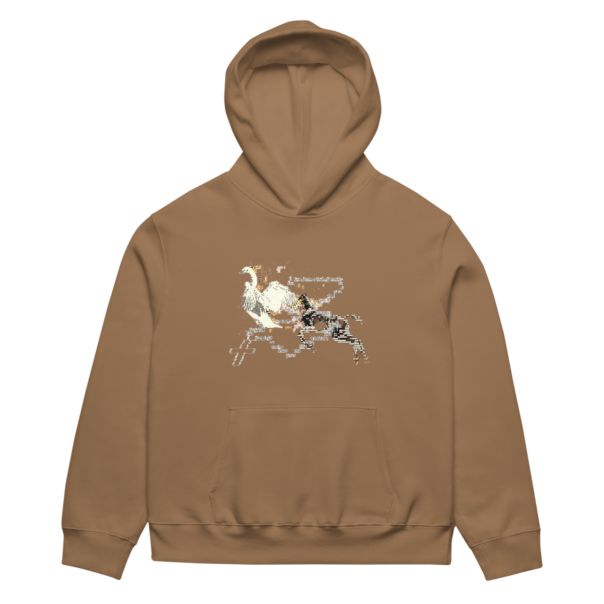 Brown hoodie with a graphic design on the chest against a white background