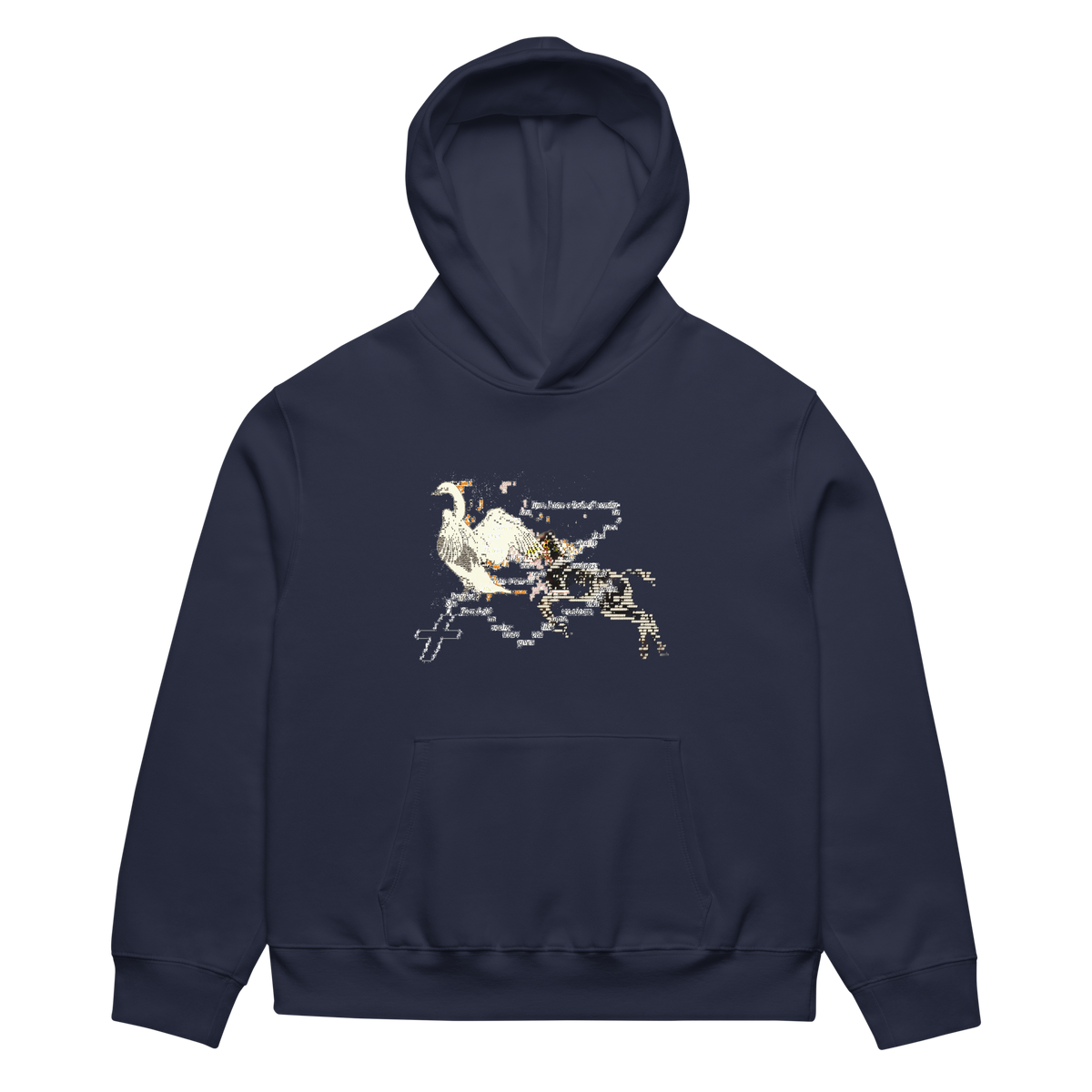 Navy blue hoodie with a graphic design on a white background