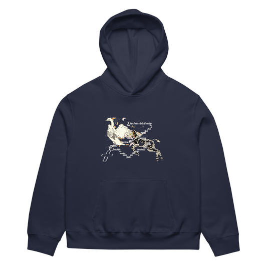 Navy blue hoodie with a graphic design on a white background