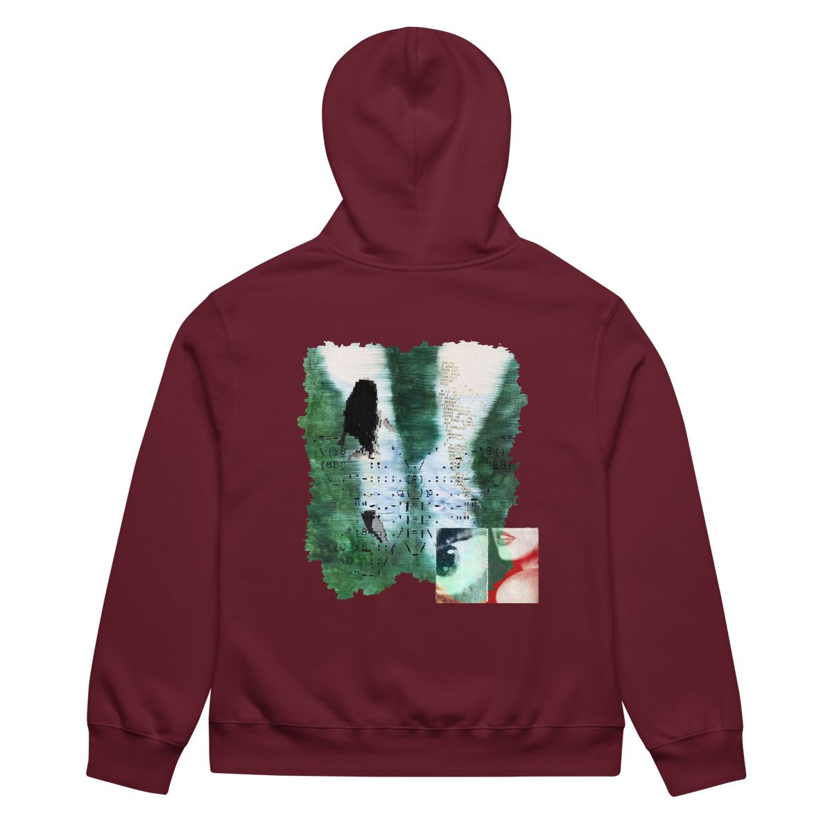 Maroon hoodie with a graphic design on the back against a white background