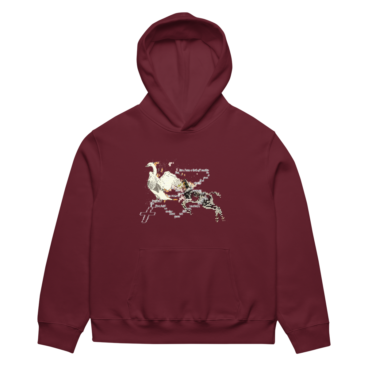 Maroon hoodie with graphic design on a white background