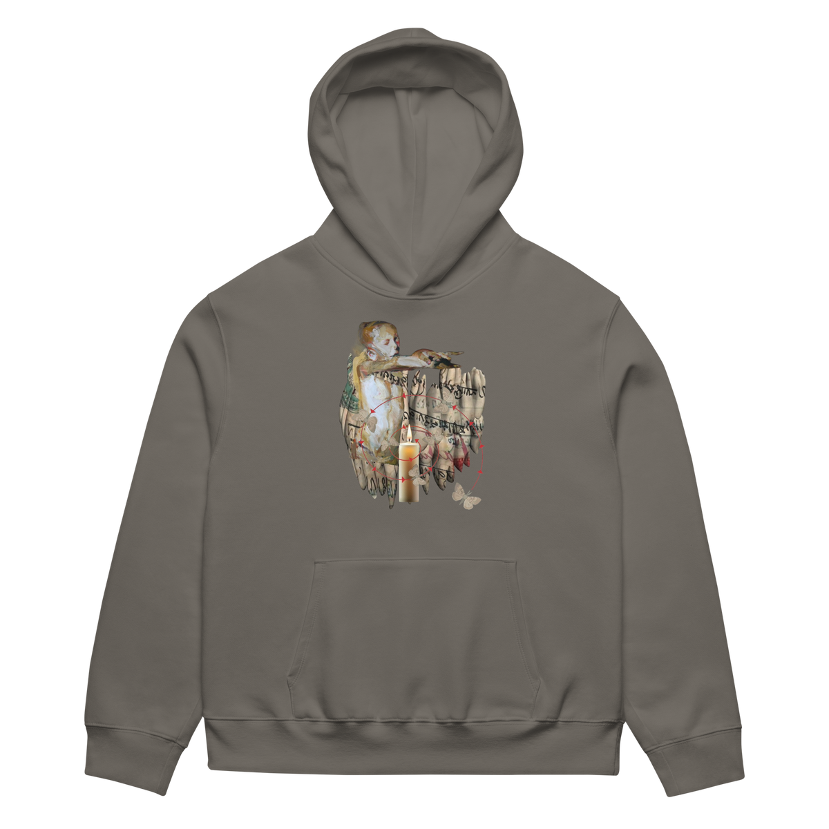 A dark gray pullover hoodie with a vintage-style collage graphic on the chest depicting a figure holding a lantern and candles, shown against a plain white background.