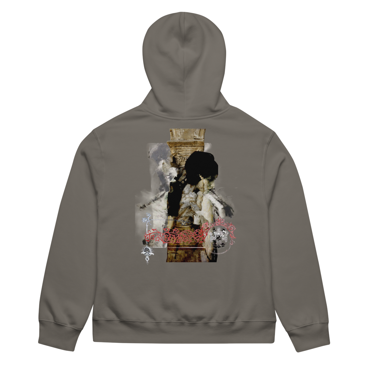 A dark gray hoodie shown from the back, featuring a large, detailed graphic print on the center back with a gothic illustration and red gothic-style text.