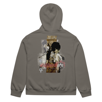 A dark gray hoodie shown from the back, featuring a large, detailed graphic print on the center back with a gothic illustration and red gothic-style text.