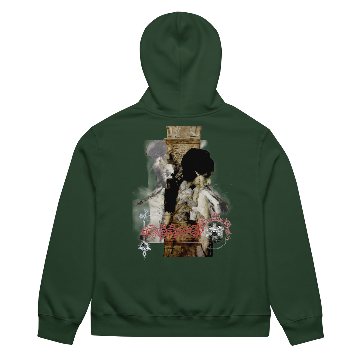 A dark forest green hoodie shown from the back, featuring a large, detailed graphic print on the center back with a gothic illustration and red gothic-style text.
