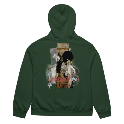 A dark forest green hoodie shown from the back, featuring a large, detailed graphic print on the center back with a gothic illustration and red gothic-style text.