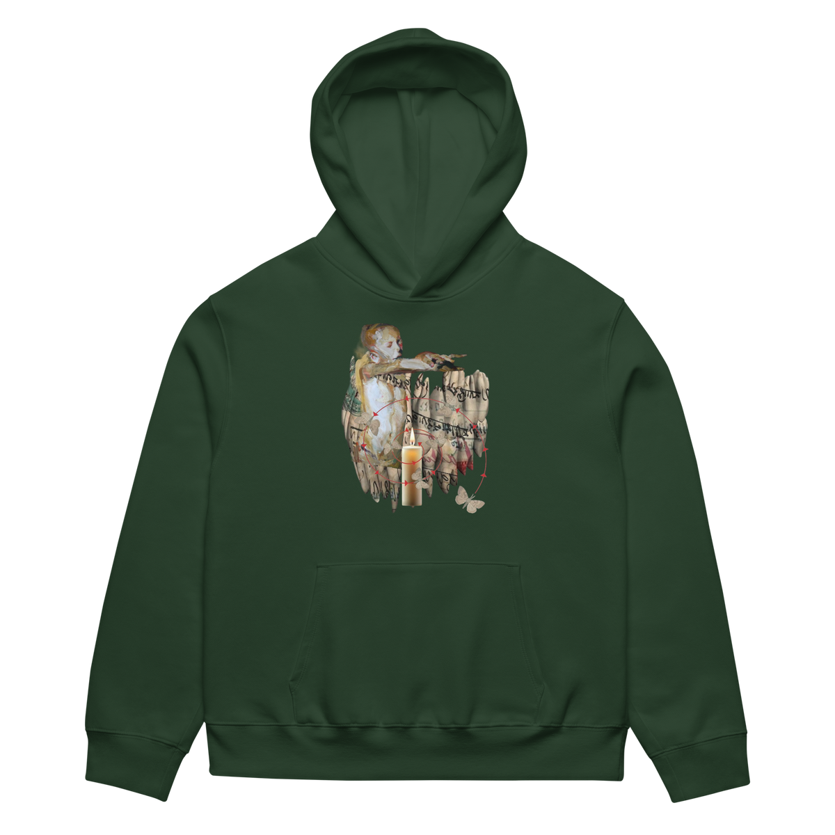 A dark forest green pullover hoodie with a detailed graphic print on the chest depicting a vintage-style painting of a child, candles, and butterflies.