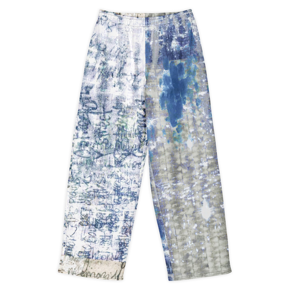 A pair of wide-leg pants featuring an abstract tie-dye and brushstroke pattern in shades of blue, gray, and white, laid flat against a white background.