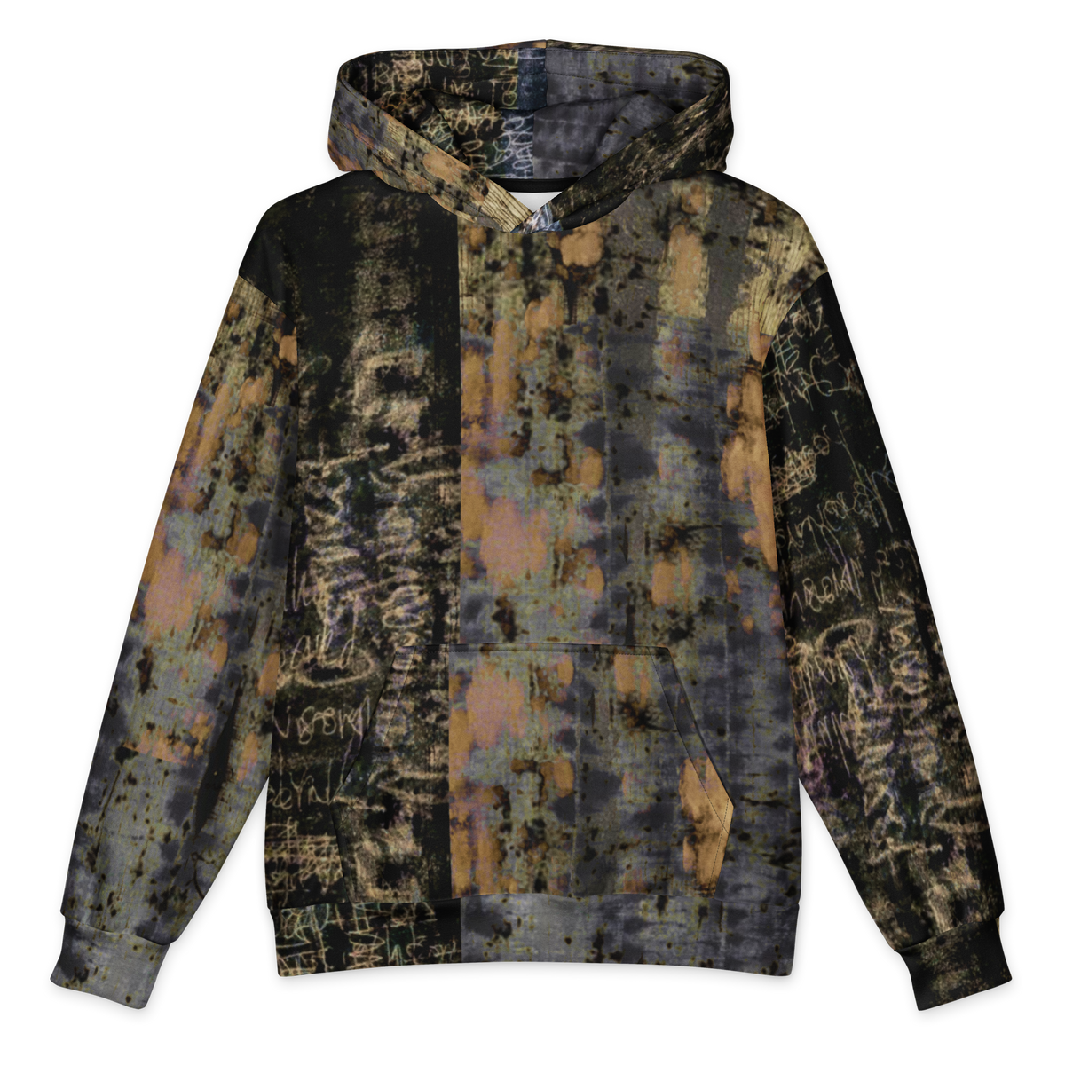 A pullover hoodie featuring an abstract, distressed graffiti-style print with a mix of black, gray, brown, and muted gold tones, shown against a plain white background.