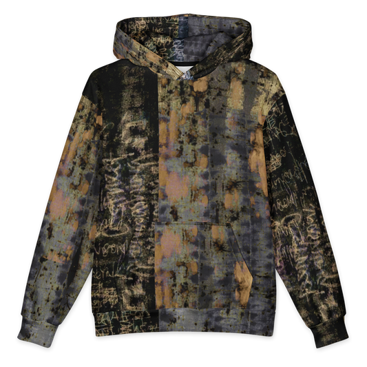 A pullover hoodie featuring an abstract, distressed graffiti-style print with a mix of black, gray, brown, and muted gold tones, shown against a plain white background.