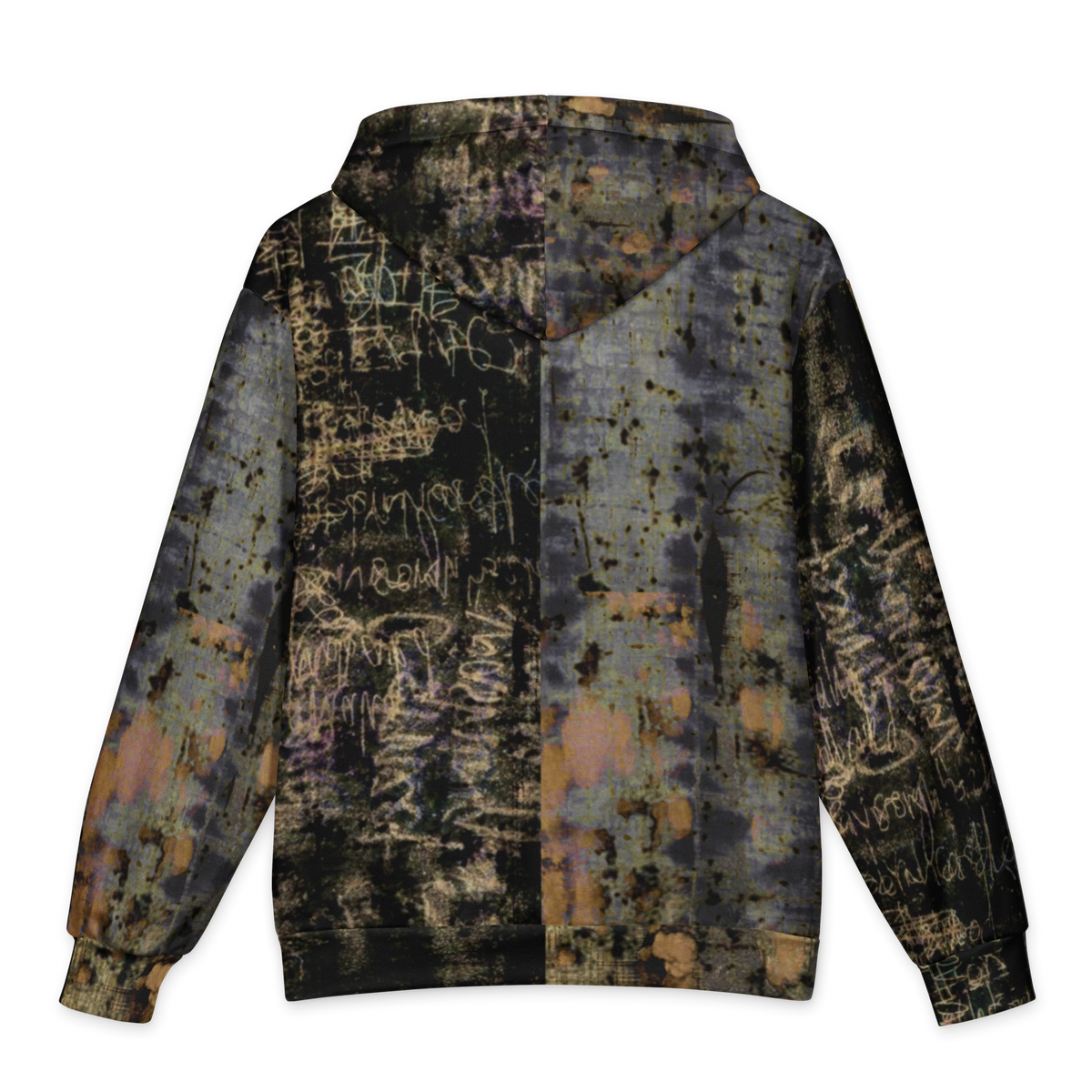 A hooded sweatshirt shown from the back, featuring an all-over abstract graffiti-style print with black, gray, blue, and muted orange-brown splatters and scribbled text on a white background.