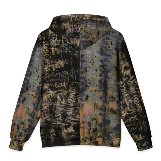 A hooded sweatshirt shown from the back, featuring an all-over abstract graffiti-style print with black, gray, blue, and muted orange-brown splatters and scribbled text on a white background.