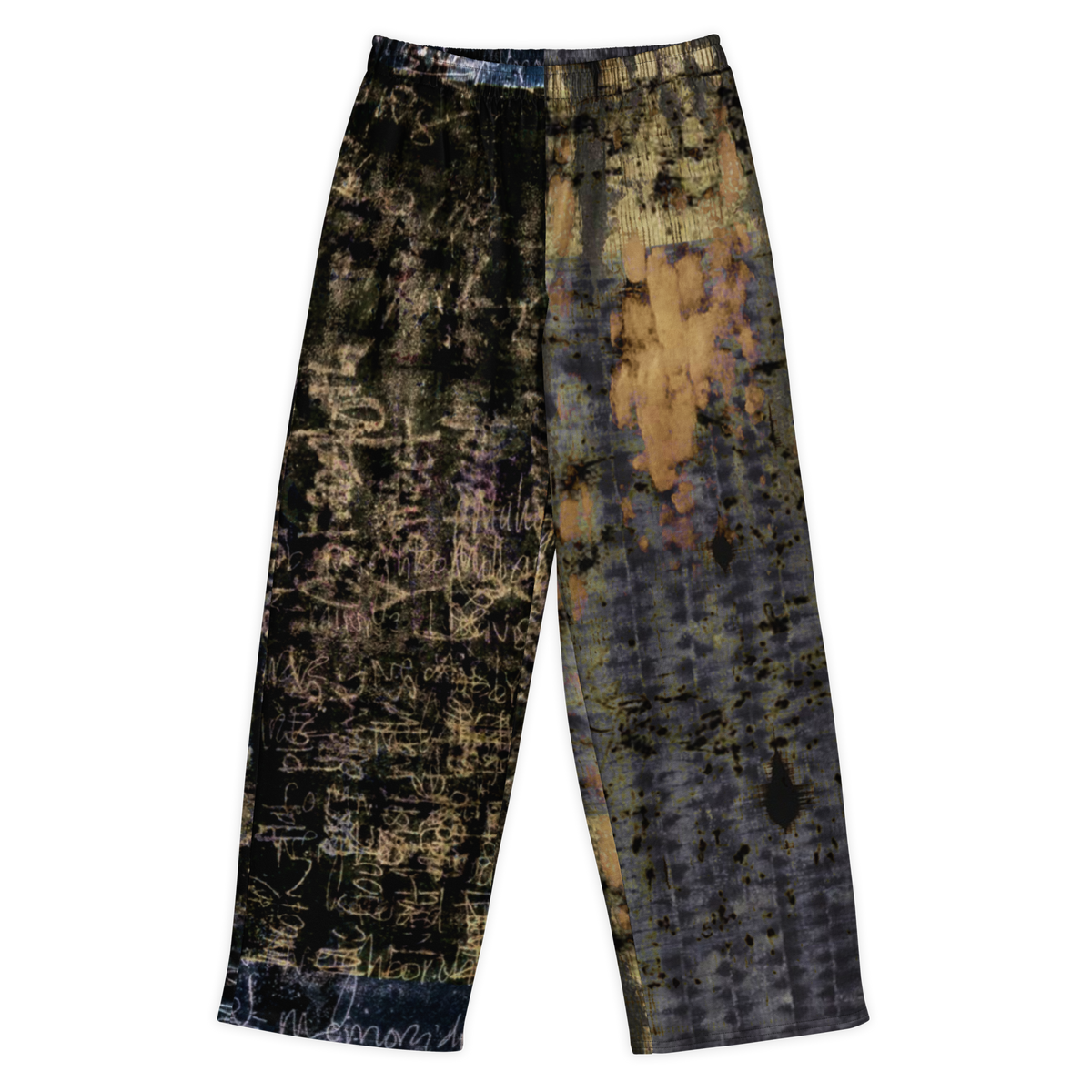 A pair of wide-leg cropped pants featuring a split design with one leg in black and gold abstract scribble print and the other in blue and gold abstract scribble print, set against a plain white background.