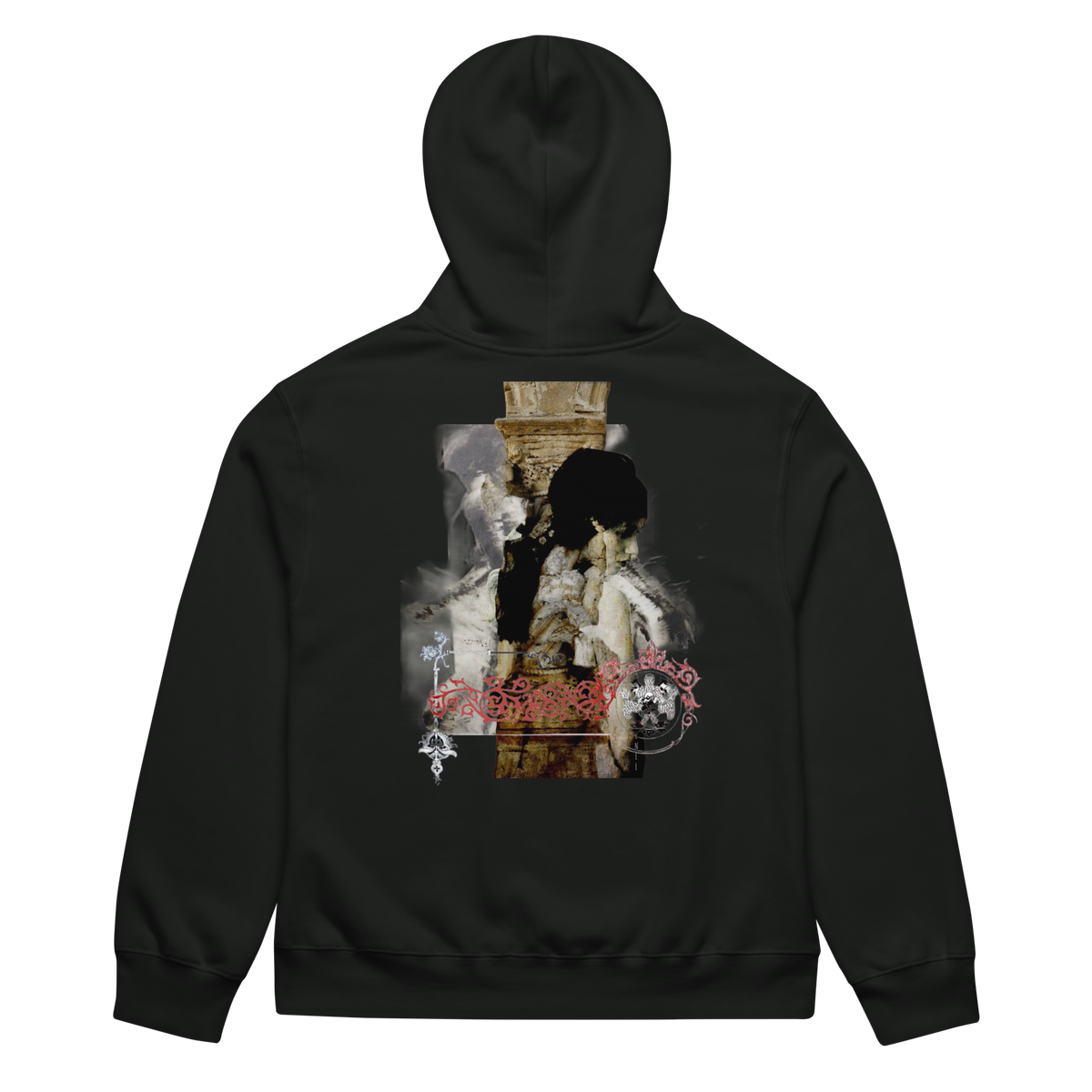 A black pullover hoodie shown from the back, featuring a large, detailed graphic print on the back. The graphic depicts a gothic scene with a woman in a white dress, a dark-haired figure, and a brick wall, accented with red gothic-style text and a circular emblem.