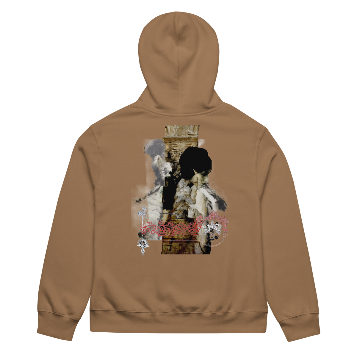 A tan hoodie shown from the back, featuring a large, detailed graphic print on the center back with a gothic illustration and pink gothic lettering.