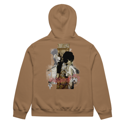 A tan hoodie shown from the back, featuring a large, detailed graphic print on the center back with a gothic illustration and pink gothic lettering.