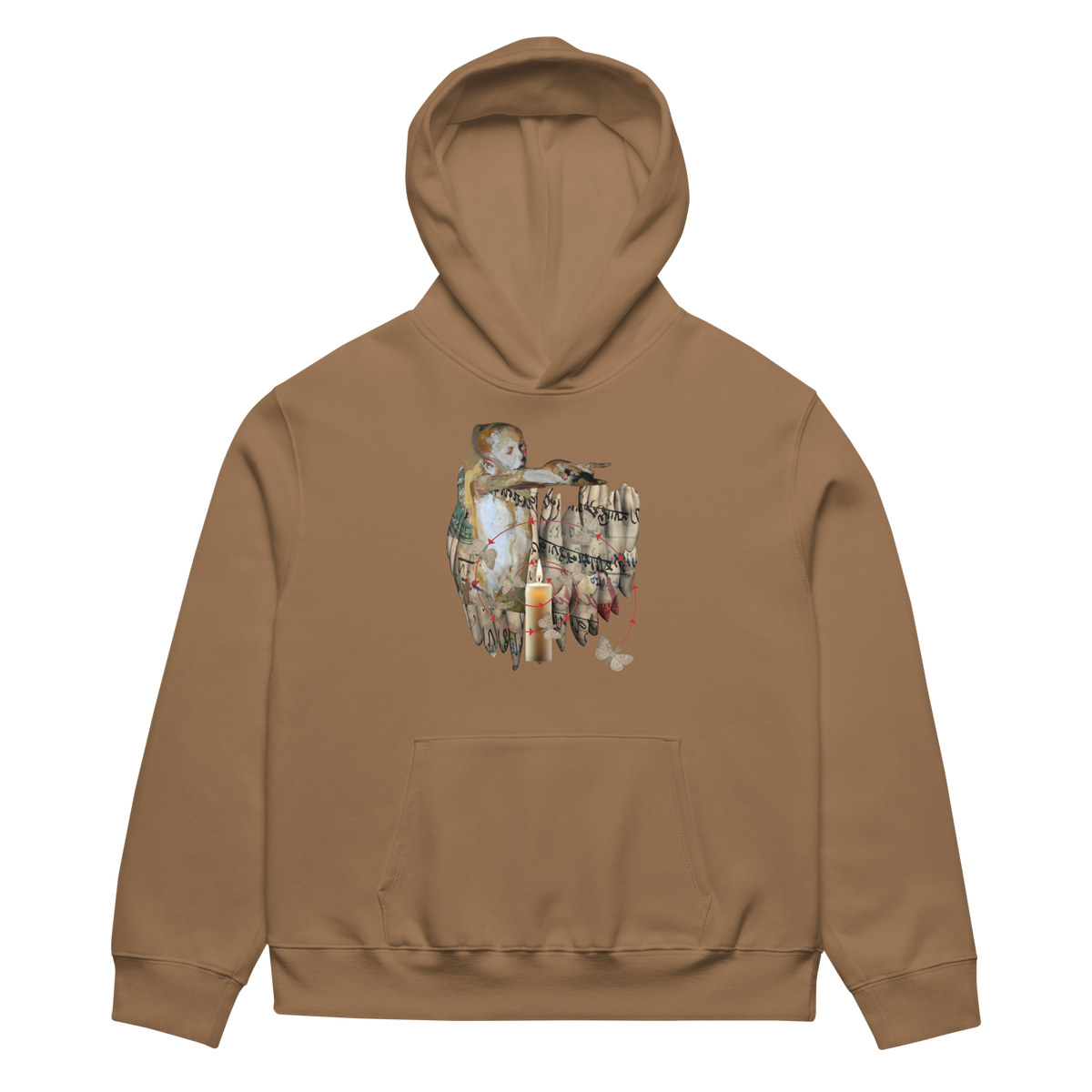 A brown pullover hoodie with a central graphic of a Native American figure holding a bow and arrow, set against a plain white background.