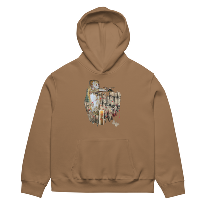 A brown pullover hoodie with a central graphic of a Native American figure holding a bow and arrow, set against a plain white background.