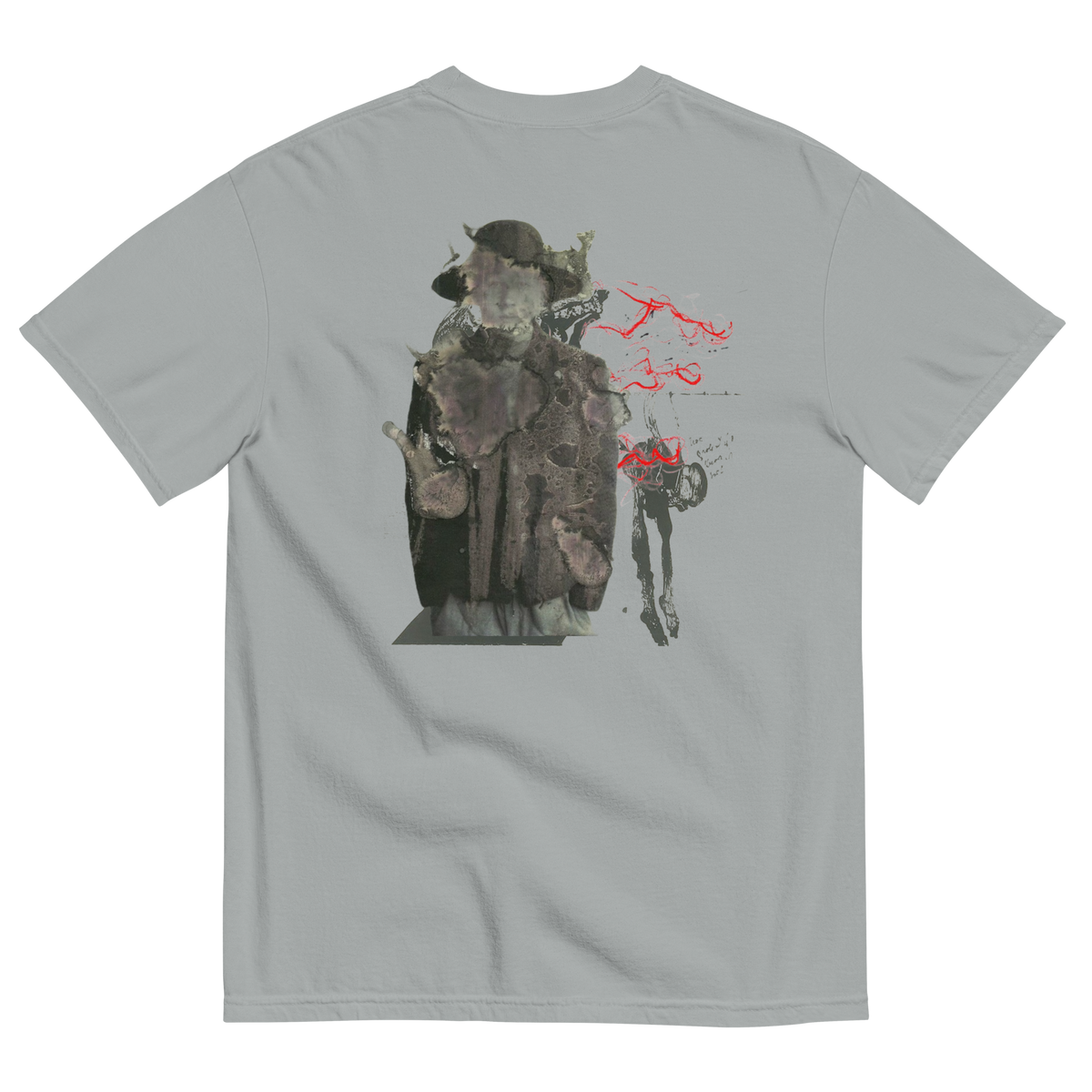 A light gray crewneck t-shirt shown from the back, featuring a large graphic print of a hooded figure in a dark coat with red spray-paint style markings.