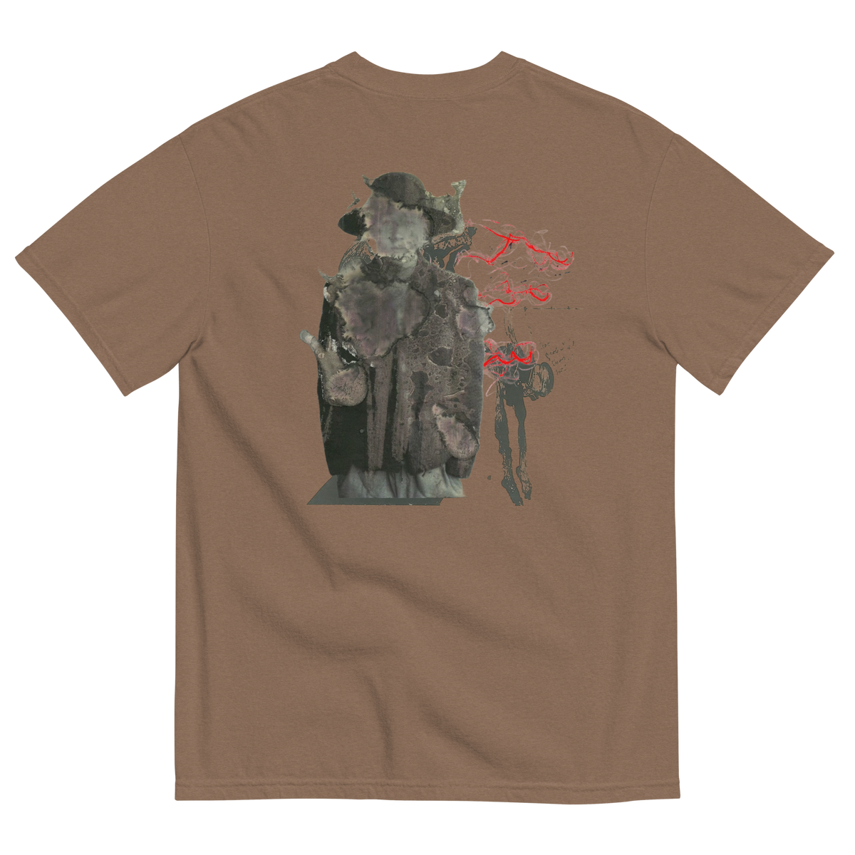 A brown short-sleeve t-shirt shown from the back, featuring a graphic print of a dark, textured figure in a hat with red abstract text and paint splatter details.