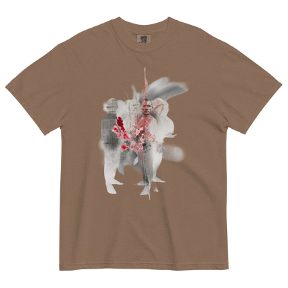 A brown short-sleeve crewneck t-shirt featuring a central graphic print of a double-exposure style image showing a woman with white hair, a red bow, and red flowers.