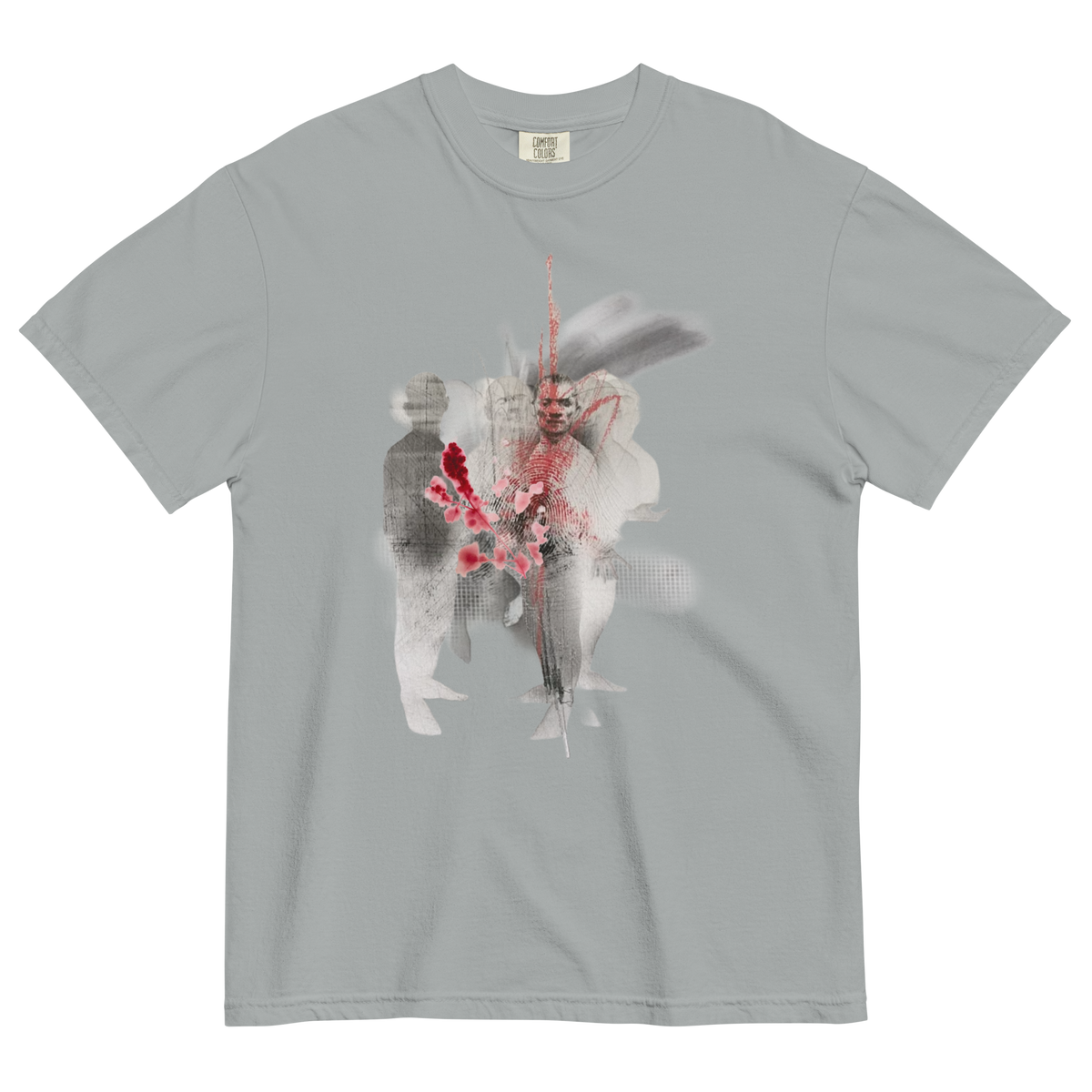 A light gray short-sleeve crewneck t-shirt featuring a central graphic print of a man in a white suit with a red spear and red flowers, overlaid on a faint double-exposure silhouette.