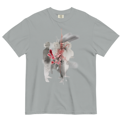 A light gray short-sleeve crewneck t-shirt featuring a central graphic print of a man in a white suit with a red spear and red flowers, overlaid on a faint double-exposure silhouette.