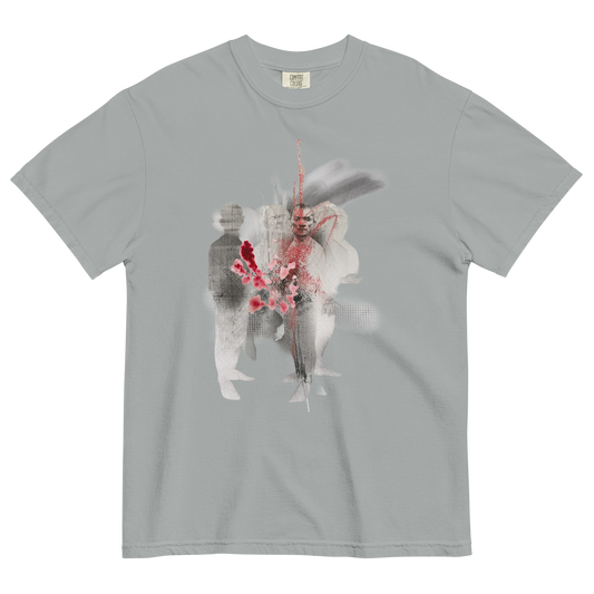 A light gray short-sleeve crewneck t-shirt featuring a central graphic print of a man in a white suit with a red spear and red flowers, overlaid on a faint double-exposure silhouette.