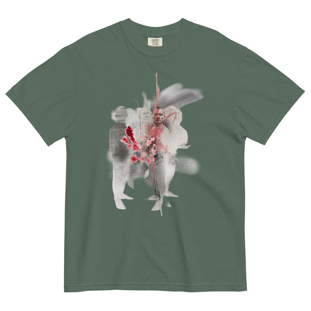 A sage green short-sleeve crewneck t-shirt featuring a central graphic print of a double-exposure style image with a figure, white feathers, and red flowers.