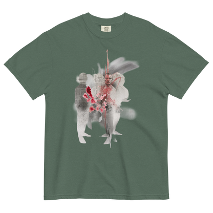 A sage green short-sleeve crewneck t-shirt featuring a central graphic print of a double-exposure style image with a figure, white feathers, and red flowers.