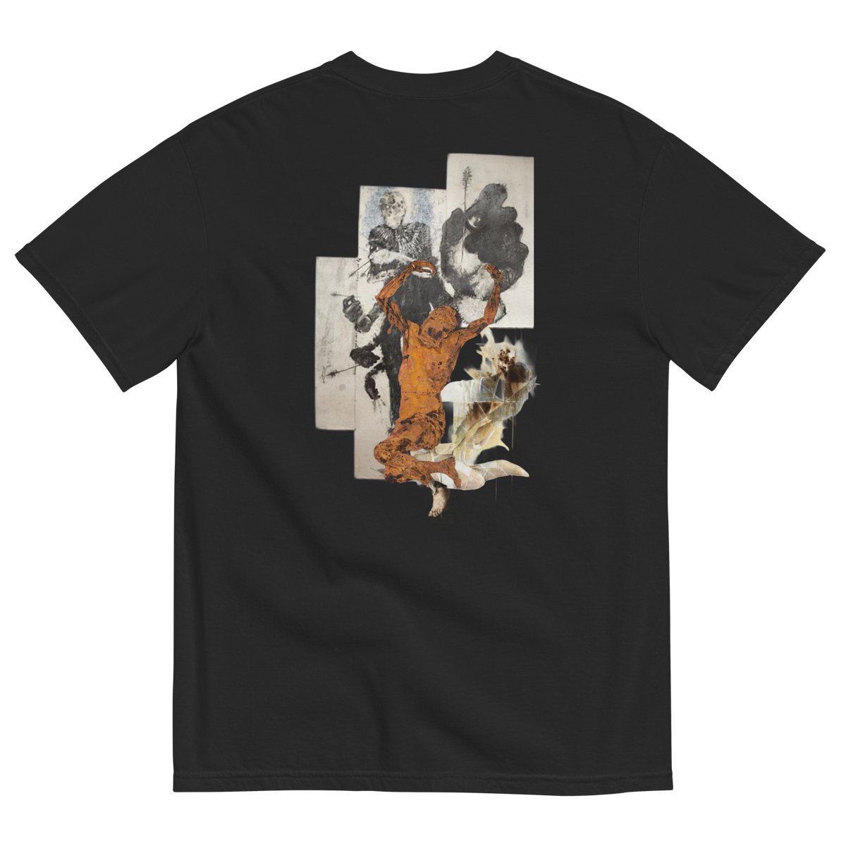 A black short-sleeve t-shirt shown from the back, featuring a large, multi-panel abstract graphic print in orange, white, and black on the center back.