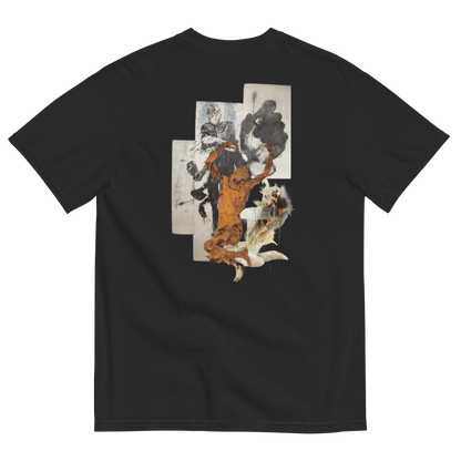 A black short-sleeve t-shirt shown from the back, featuring a large, multi-panel abstract graphic print in orange, white, and black on the center back.