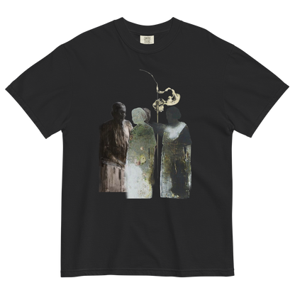 A black short-sleeve crewneck t-shirt featuring a central graphic print of three silhouetted figures in front of a vintage gramophone, with a saxophone and a flower above them.