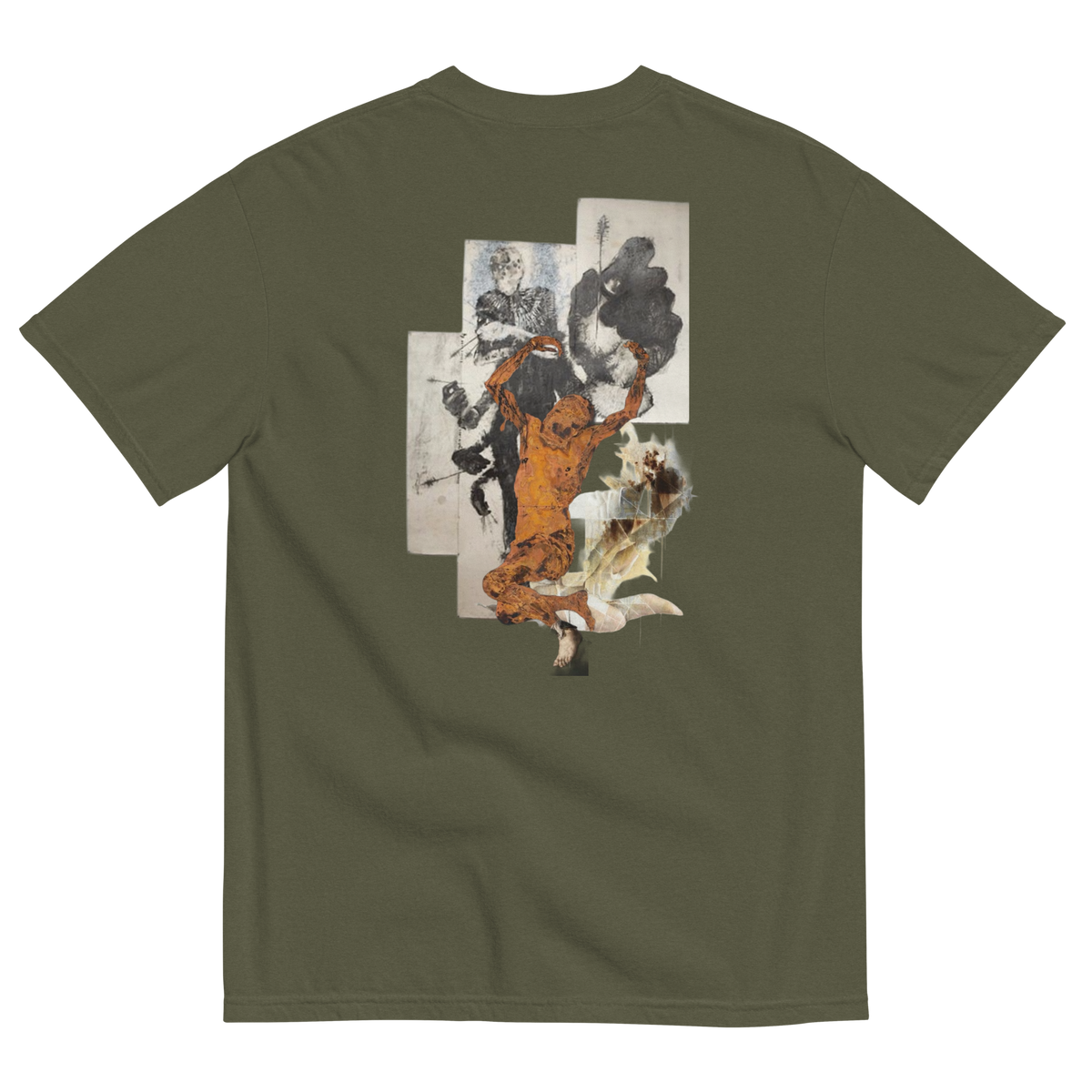 An olive green short-sleeve t-shirt shown from the back, featuring a large, multi-panel abstract graphic print in orange, black, and white on the center back.