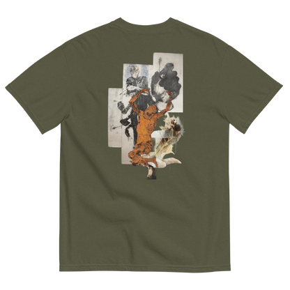 An olive green short-sleeve t-shirt shown from the back, featuring a large, multi-panel abstract graphic print in orange, black, and white on the center back.