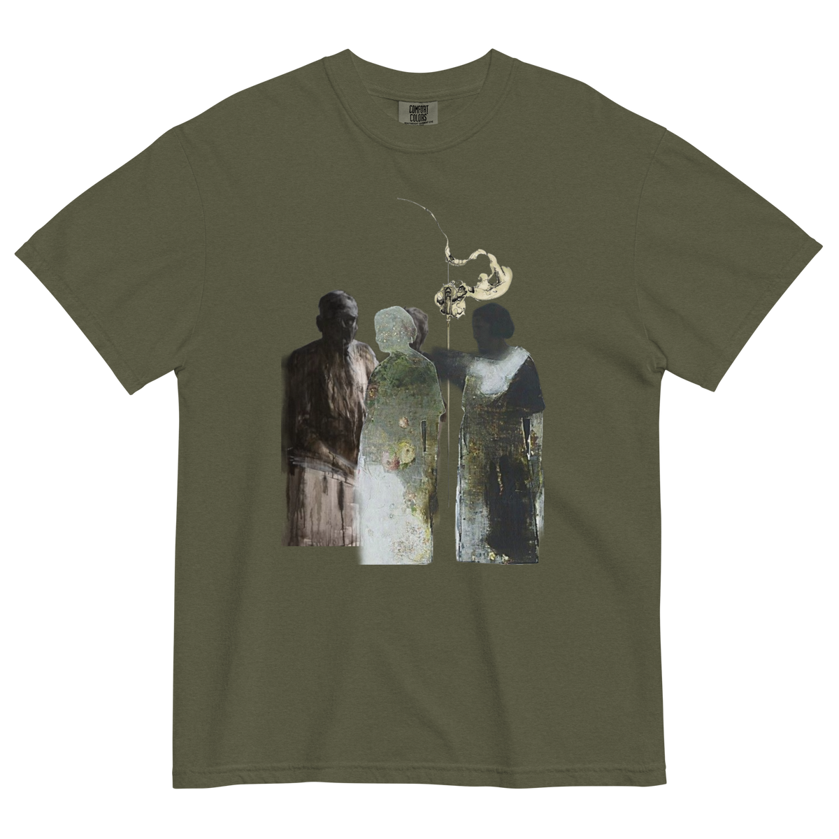 An olive green short-sleeve t-shirt with a central graphic print of three stylized figures in muted brown, gray, and beige tones.