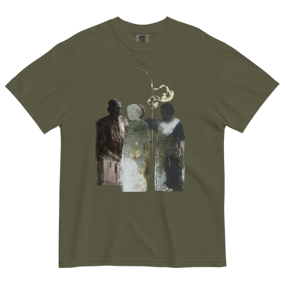 An olive green short-sleeve t-shirt with a central graphic print of three stylized figures in muted brown, gray, and beige tones.