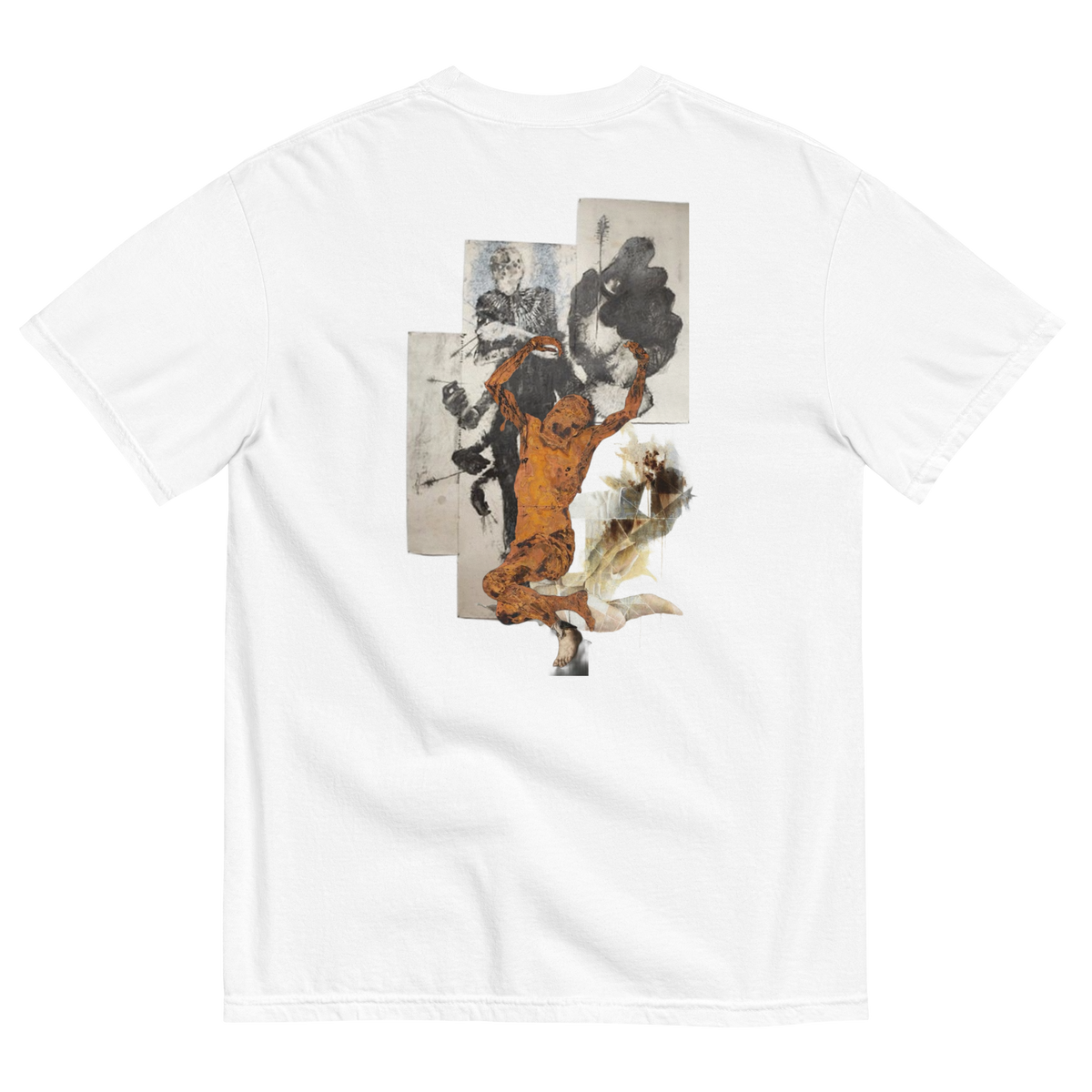 A white short-sleeve t-shirt shown from the back, featuring a large, multi-panel abstract graphic print in orange, black, and gray tones on the center back.