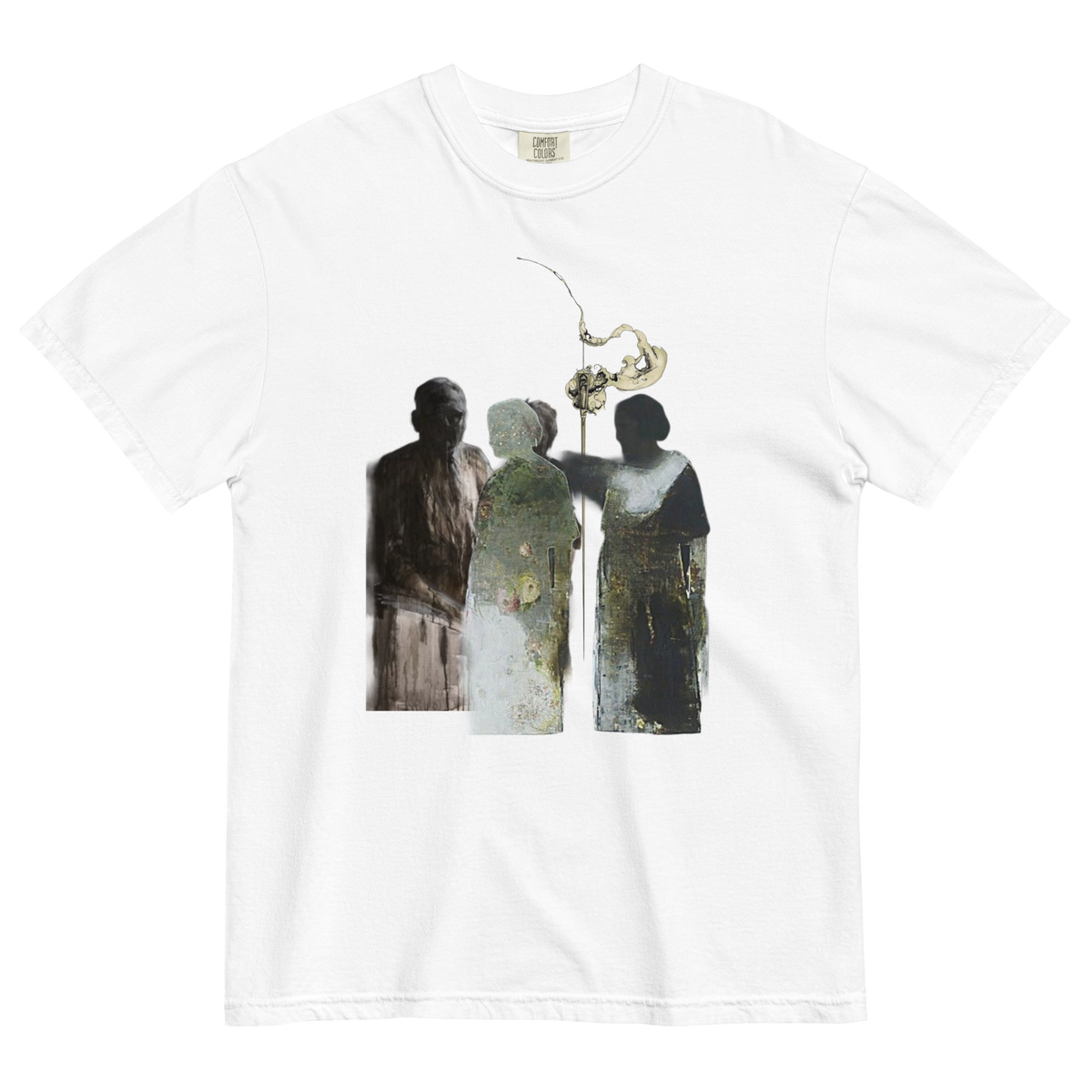 A white short-sleeve crewneck t-shirt featuring a central graphic print of three stylized, textured human silhouettes in earthy tones, with a small golden saxophone above them.