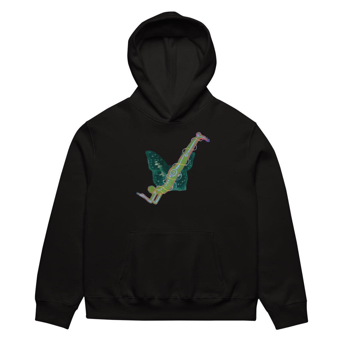 Black hoodie with a colorful snake design on a white background