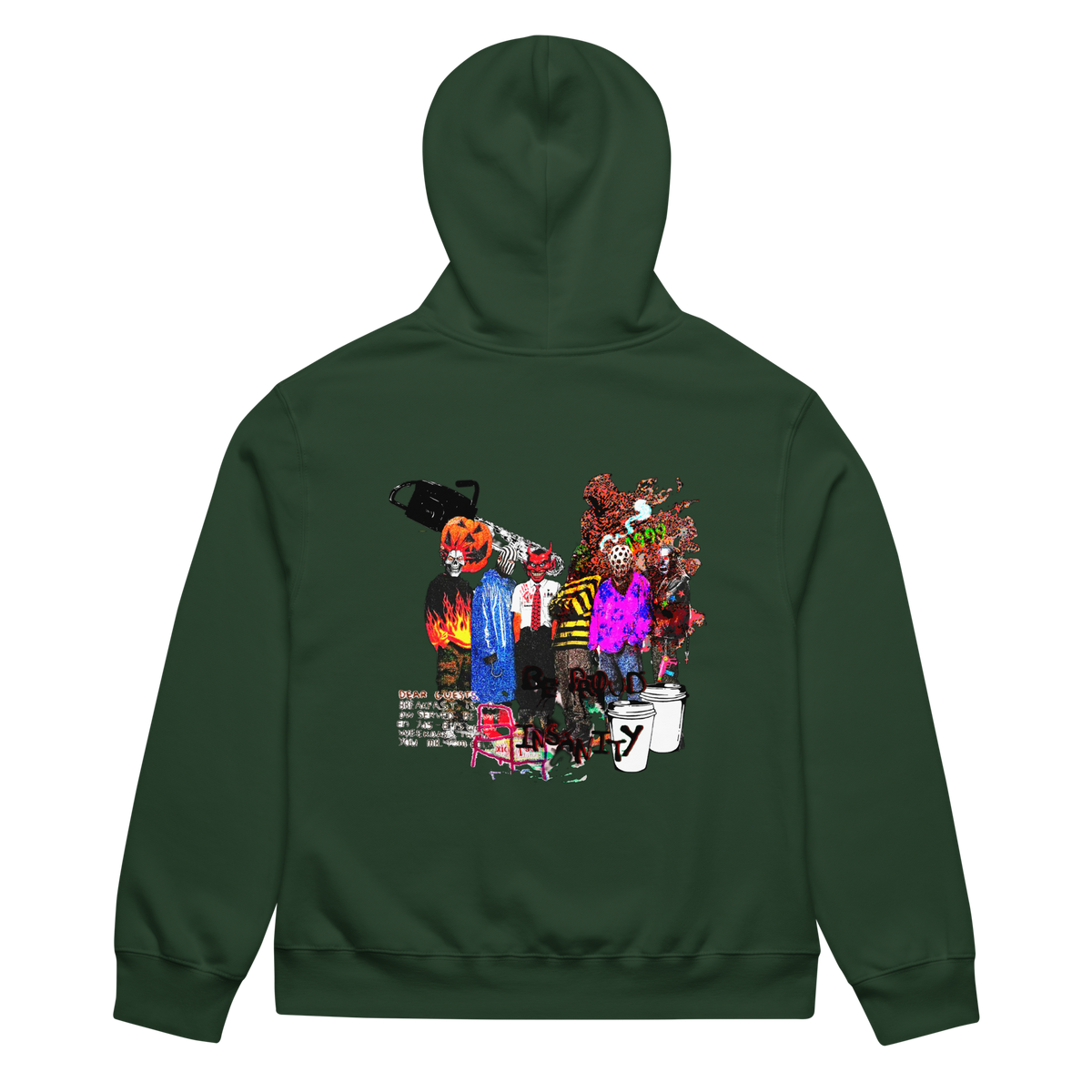 Green hoodie with colorful graphic design on the back against a white background